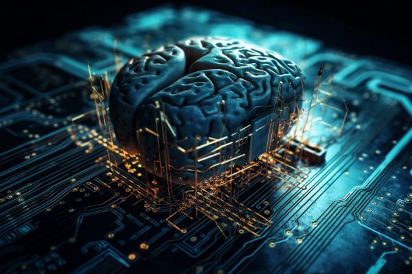 Glowing circuit board, complex cyborg brain design generated by artificial intelligence